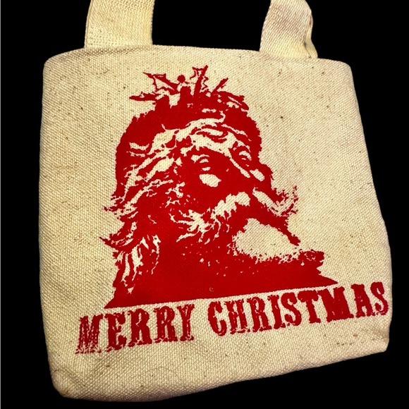 Vintage Christmas Canvas Tote Bag Painted Santa Claus Wood Handle 4.5” X 5.5” - Picture 2 of 5